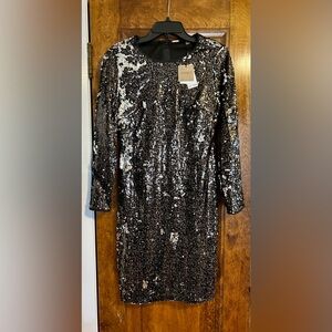 Tahari Black and Silver Sequin Dress NWT